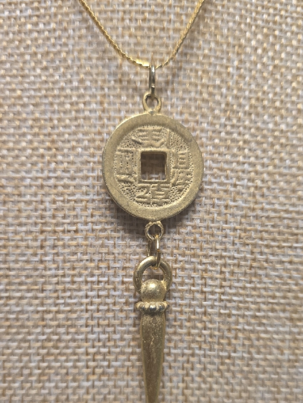 Gold-Tone Faux Chinese Feng Shui Coin & Dangle Spike Necklace - Picture 3 of 8